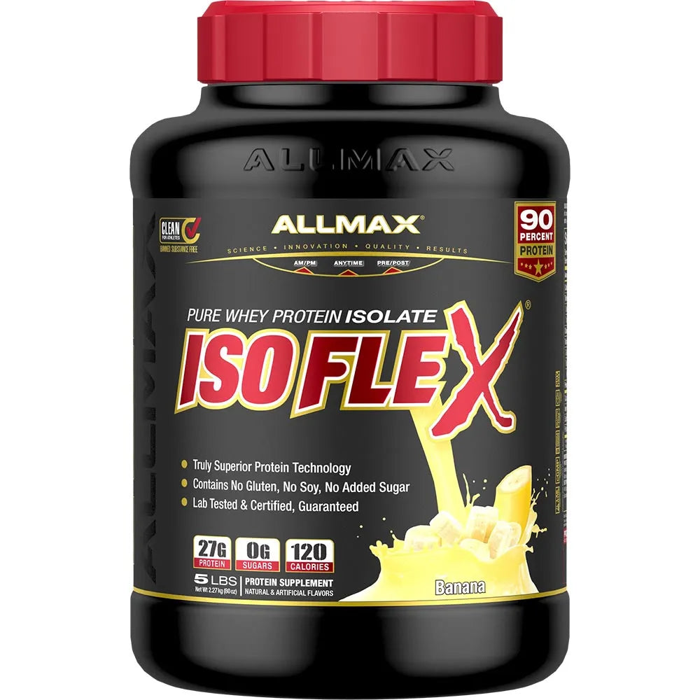 A black plastic tub of Allmax IsoFlex Pure Whey Protein Isolate in Banana flavor, featuring a red cap and a black label with red and yellow text.