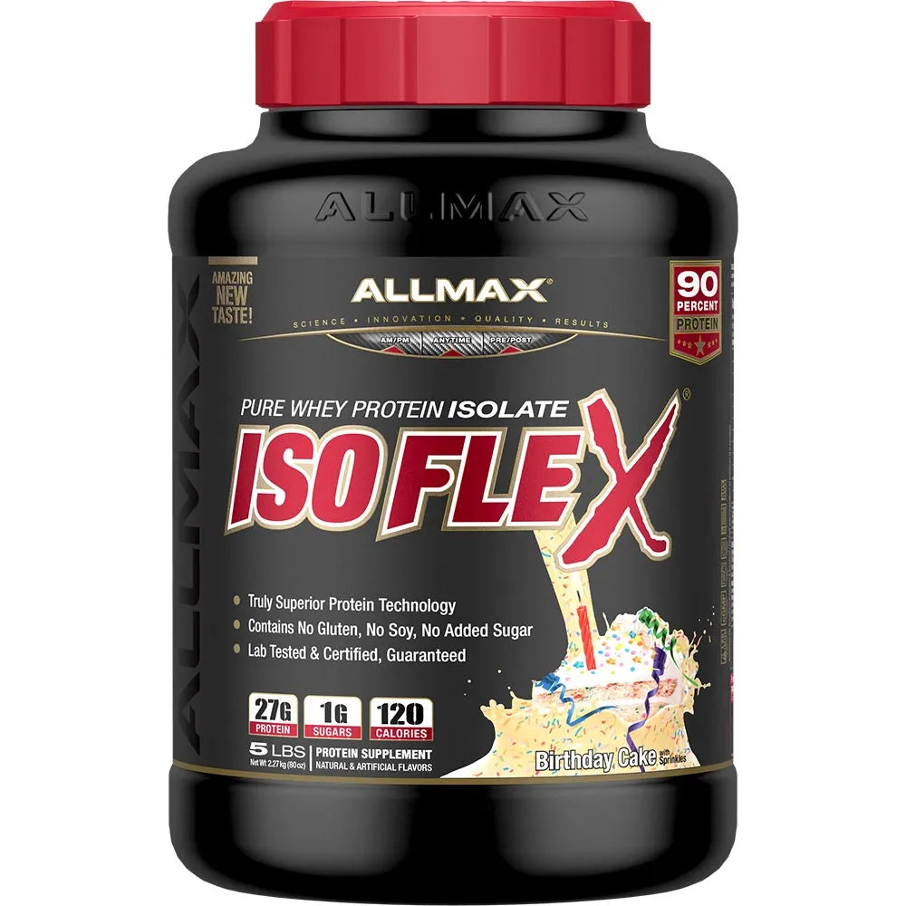 A black plastic tub of Allmax IsoFlex Pure Whey Protein Isolate in Birthday Cake flavor, featuring a red cap and a black label with red and white text.