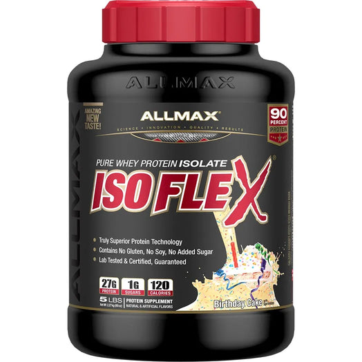 A black plastic tub of Allmax IsoFlex Pure Whey Protein Isolate in Birthday Cake flavor, featuring a red cap and a black label with red and white text.