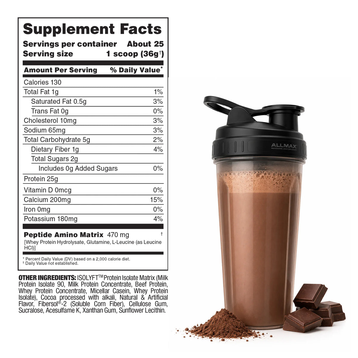 A shaker bottle filled with chocolate-brown liquid, shown next to a printed supplement facts label and a small pile of cocoa powder with chocolate pieces. The shaker has a black lid with a silver dial, and the label reads Allmax.