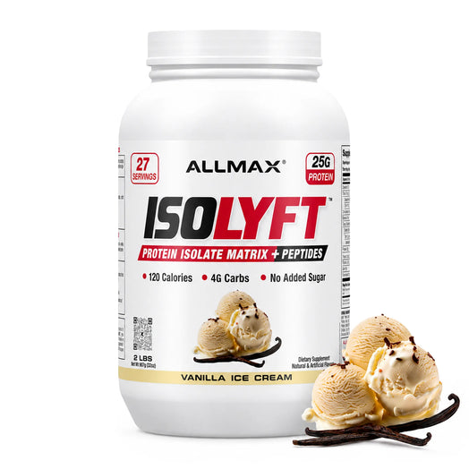 A white tub of Allmax Isolyft Vanilla Ice Cream flavor protein powder, shown next to three scoops of vanilla ice cream with vanilla bean sticks on a white background.