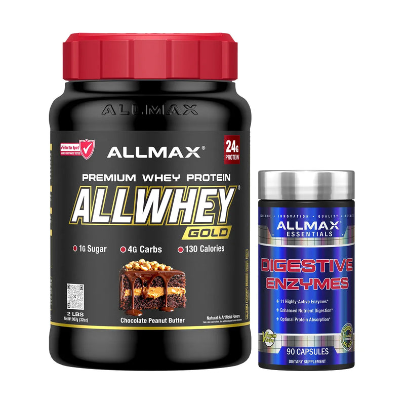 allmax gold allwhey and digestive enzyme bottles