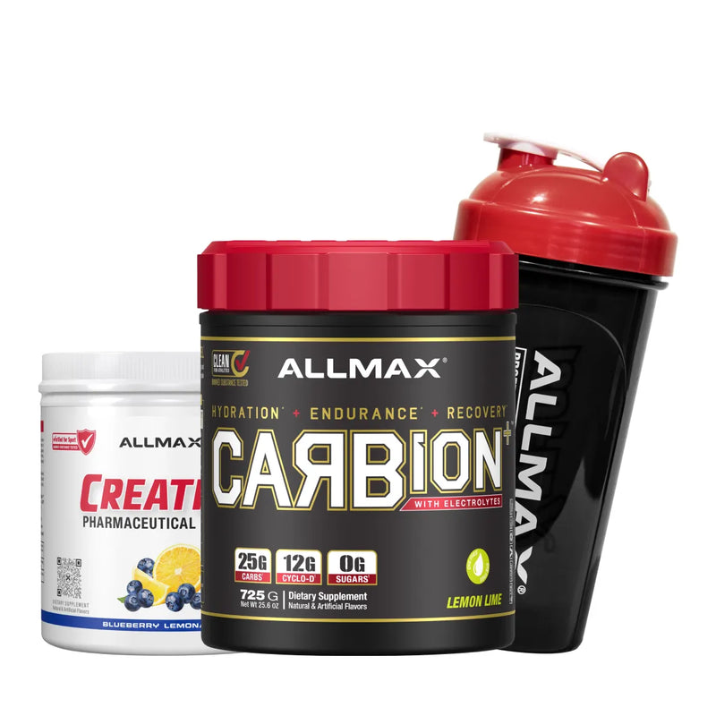 Two Allmax branded supplement products and a shaker bottle on a plain white background: a white tub labeled Creatine, a black tub labeled Carbion, and a black shaker bottle with a red lid.