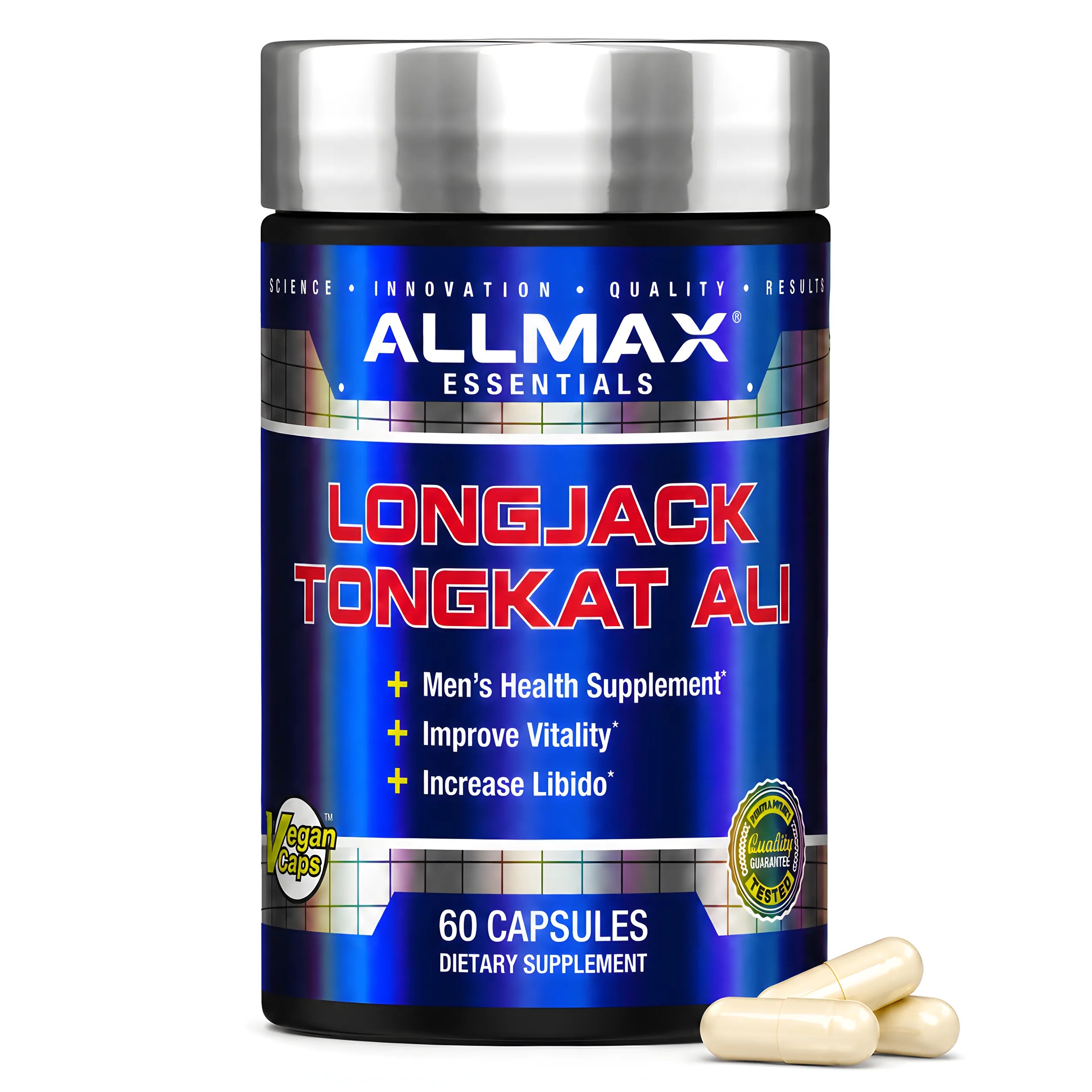 A bottle of Allmax Essentials Longjack Tongkat Ali dietary supplement capsules, shown on a clean white background with three capsules placed in front of the bottle.