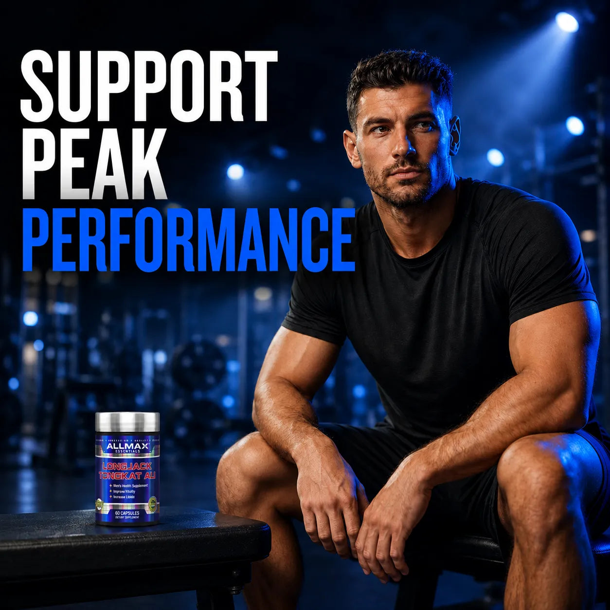 A muscular man in a black t-shirt sits in a gym environment with spotlights, next to a tub of Allmax Performance Support powder. Large text on the image reads 'SUPPORT PEAK PERFORMANCE'.