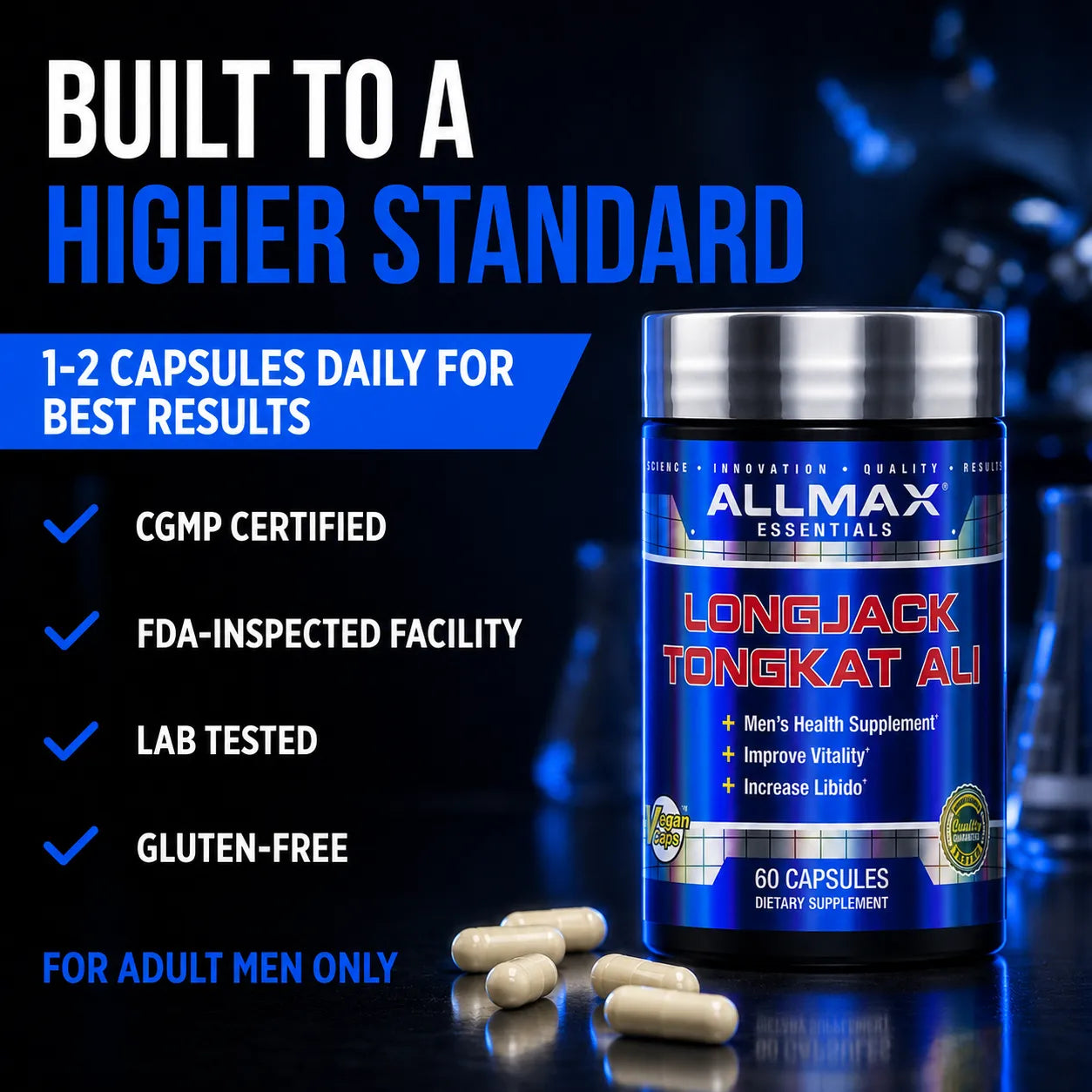 A bottle of ALLMAX ESSENTIALS Longjack Tongkat Ali dietary supplement with several capsules in front, set against a dark blue and black background with promotional text.