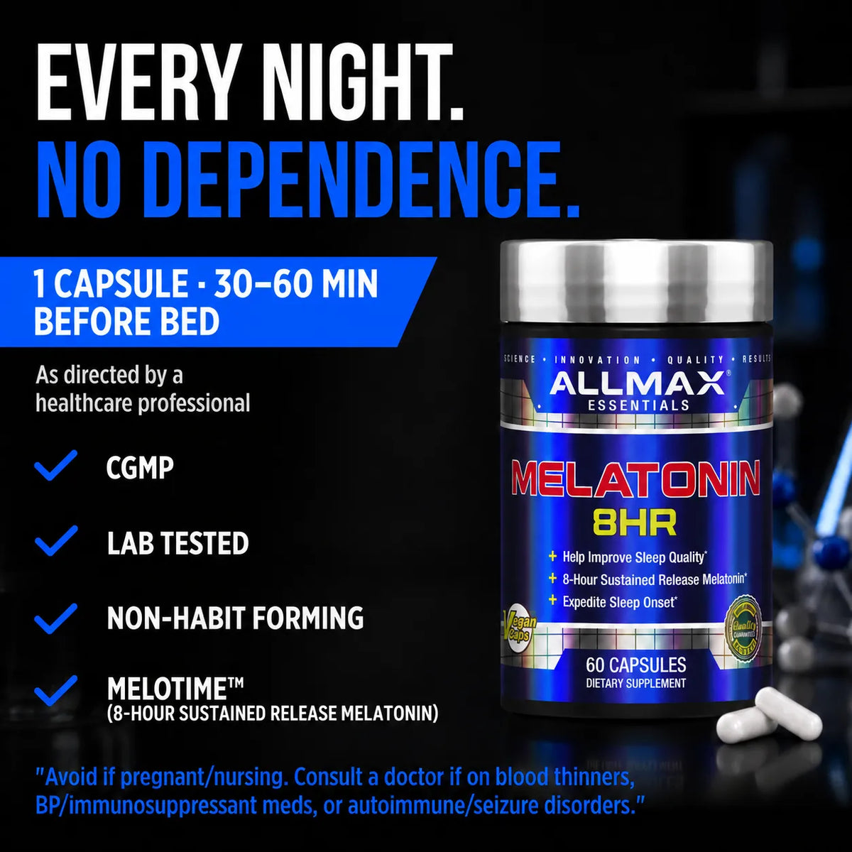Melatonin 8HR dietary supplement bottle by Allmax Essentials on a dark background with promotional text. The bottle is blue and silver with white capsules lying nearby.