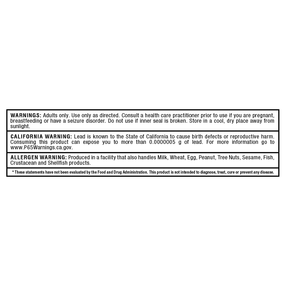 A black and white product warning label with text about adult use, lead hazards, and allergen information, shown on a plain white background.