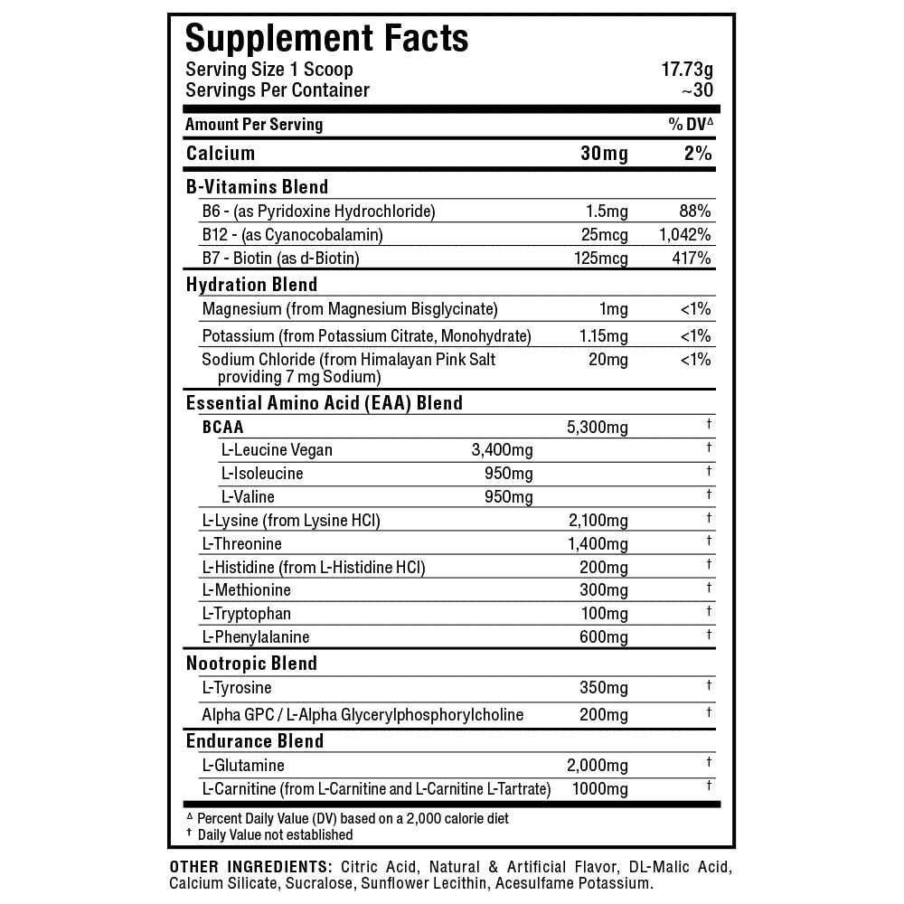 A supplement facts label showing a nutrition panel with serving size 1 scoop, calories -30, and listed nutrients including Calcium 30mg, B-Vitamins Blend, Hydration Blend, Essential Amino Acid (EAA) Blend, Nootropic Blend, and Endurance Blend.