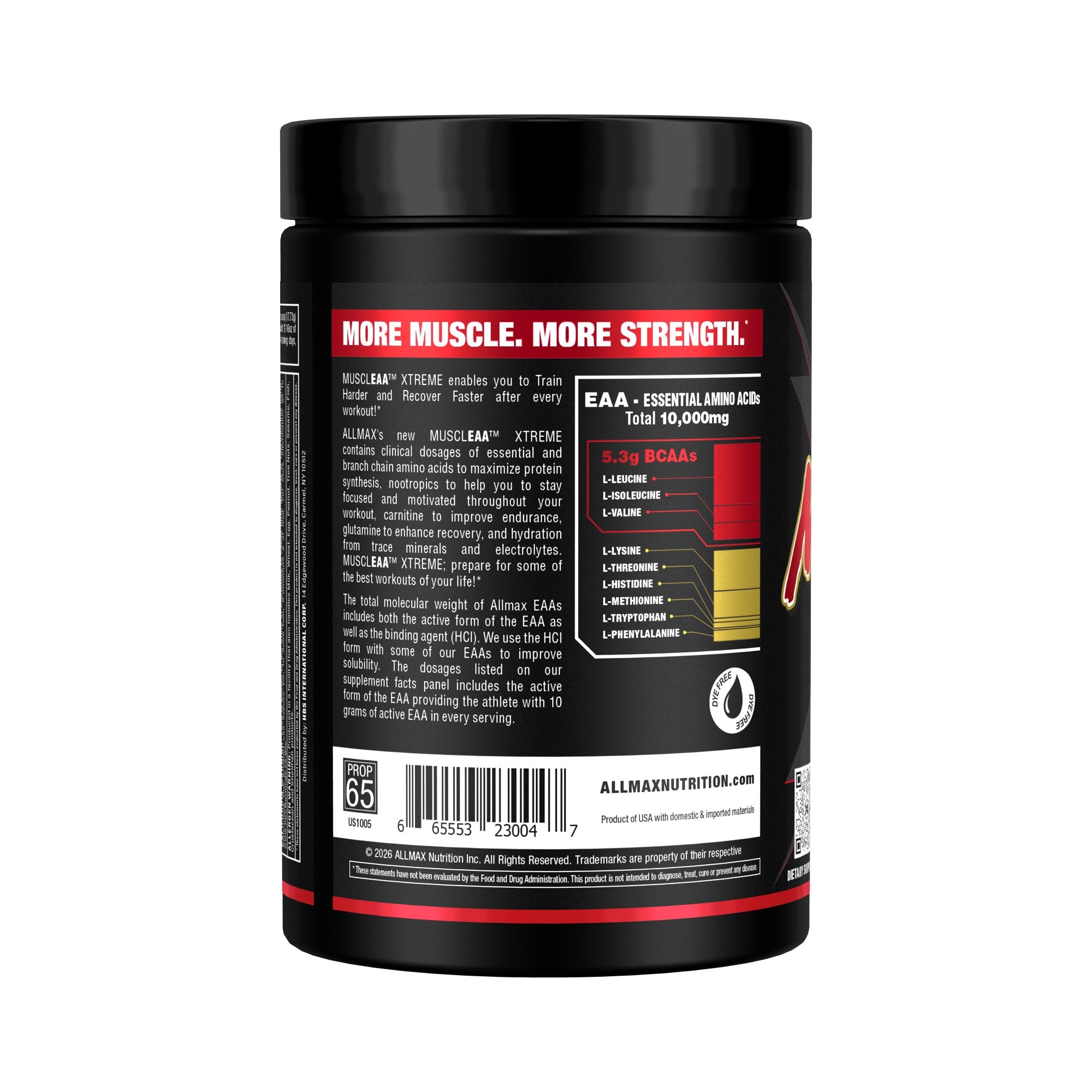 Back view of a black All-In-One Nutritionals Muscle Strength supplement tub with a white and red label, showing text, a barcode, and an EAA benefits chart.