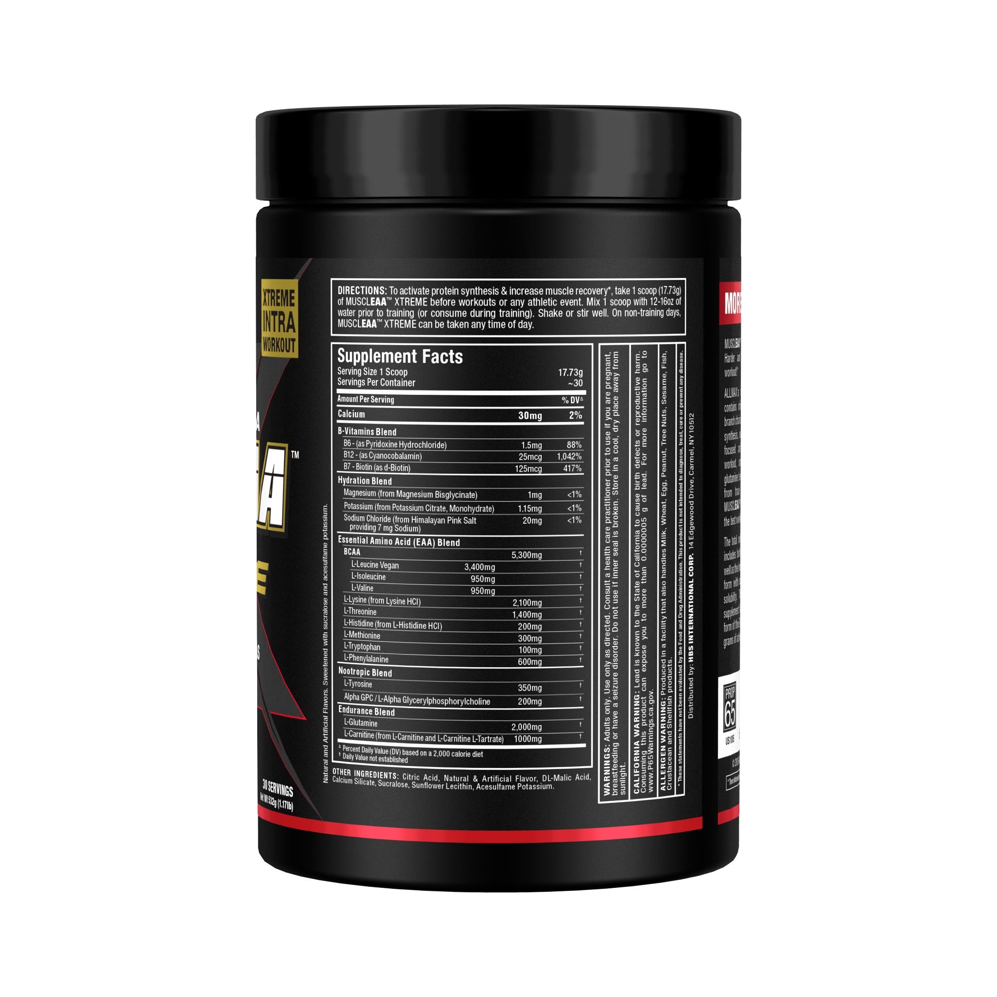 A black plastic tub of a dietary supplement, showing the back label with Supplement Facts and product details, on a plain white background.