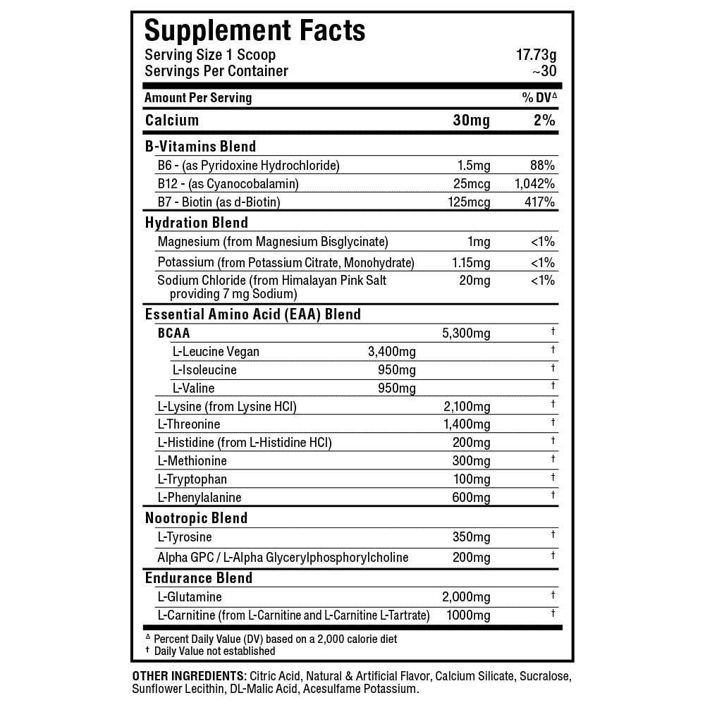 A supplement facts label showing a supplement blend with serving size 1 scoop, calcium 30mg, B-vitamins blend, hydration blend, essential amino acid (EAA) blend, notropic blend, and endurance blend, on a white background.