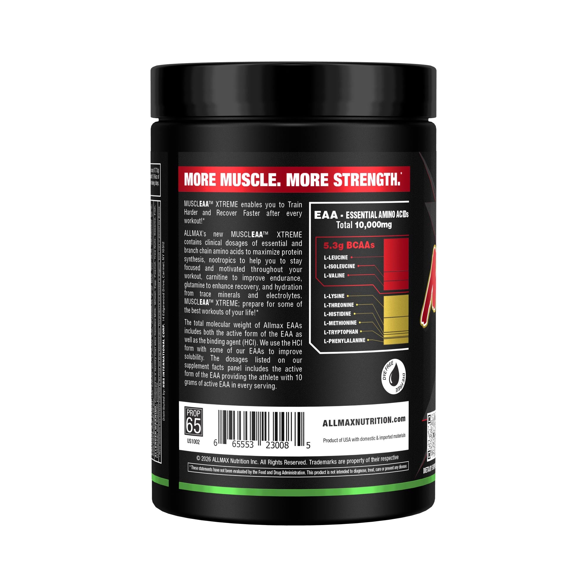 Back view of a black Allmax Nutritionals supplement tub with a red label and white text, showing ingredients and barcode details on a white background.