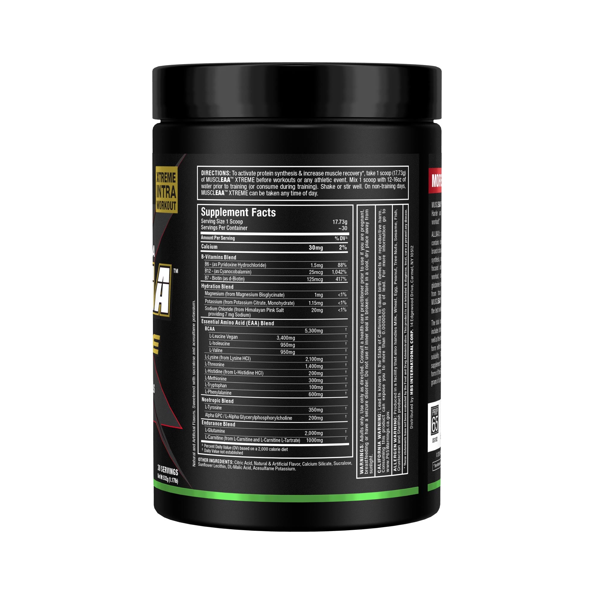 A black plastic tub of a dietary supplement, showing the back label with Supplement Facts and product details, on a plain white background.