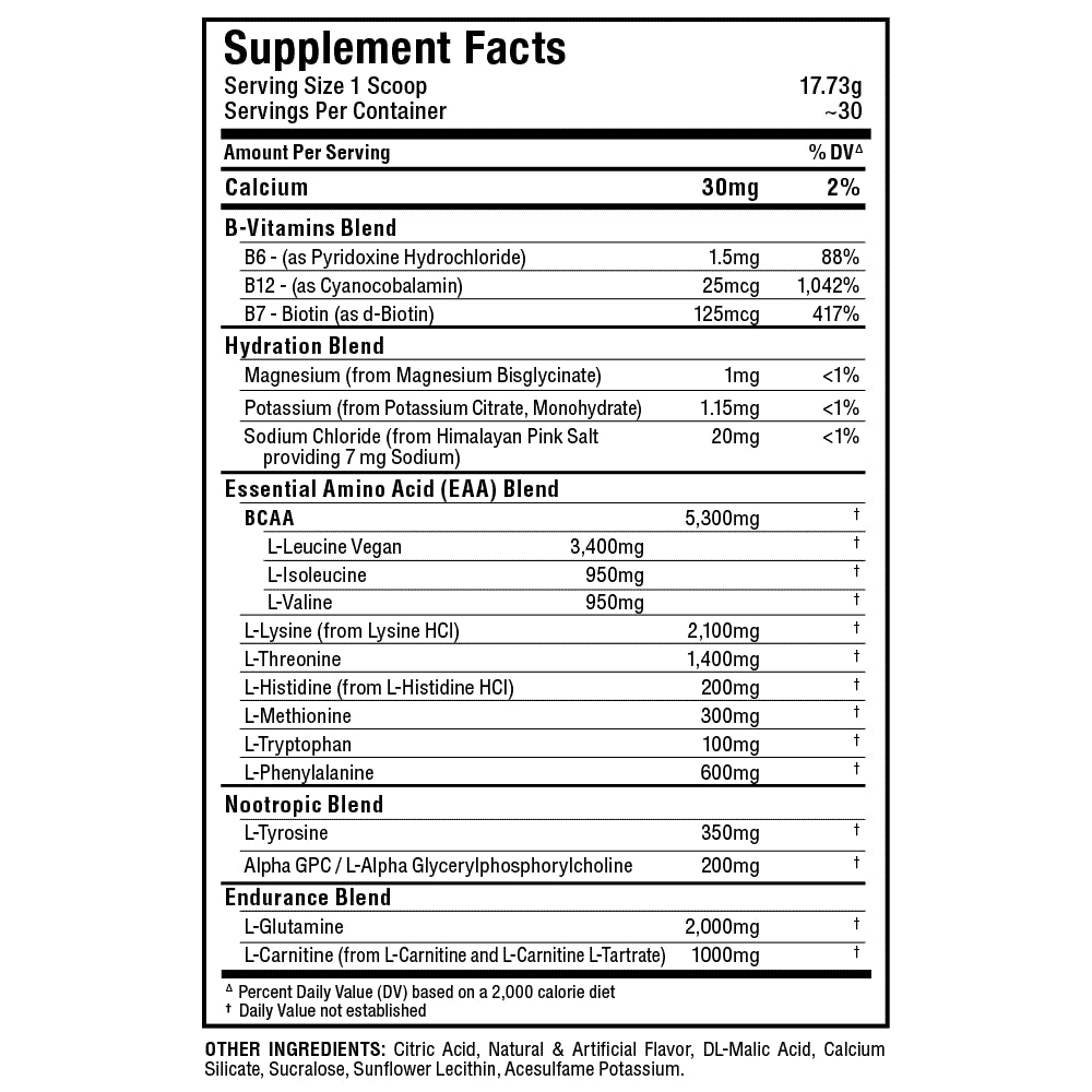 A supplement facts label reading 'Supplement Facts' with serving size 1 scoop and a list of ingredients and nutrients including B-Vitamins Blend, Hydration Blend, Essential Amino Acid (EAA) Blend, Nootropic Blend, and Endurance Blend.