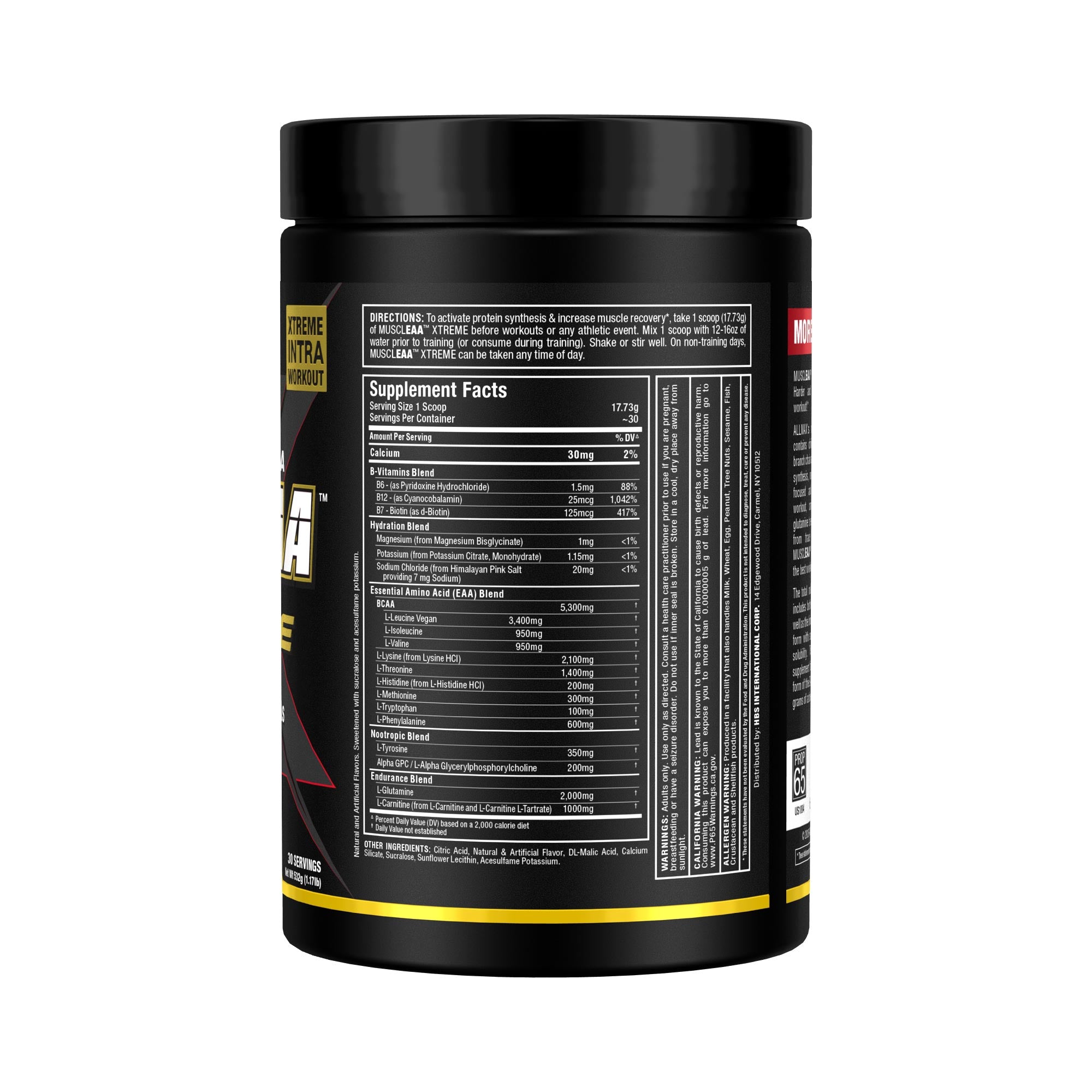 A black tub of protein powder shown from the back, displaying the Supplement Facts label with white text on a clean white background.