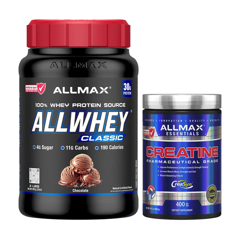 A black tub of ALLMAX ALLWHEY CLASSIC next to a blue bottle of ALLMAX Essentials Creatine Monohydrate Powder, displayed on a clean white background.