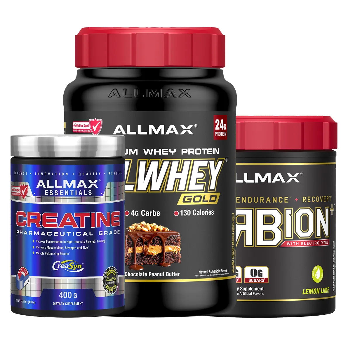 Three Allmax supplement containers on a white background: a large black tub of Allmax Whey Protein Gold with a red lid, a smaller black tub of Allmax Endurance + Recovery with a red lid, and a blue jar of Creatine with a silver lid.