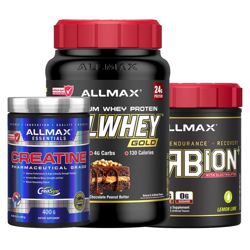 Three Allmax supplement containers on a white background: a large black tub of Allmax Whey Protein Gold with a red lid, a smaller black tub of Allmax Endurance + Recovery with a red lid, and a blue jar of Creatine with a silver lid.