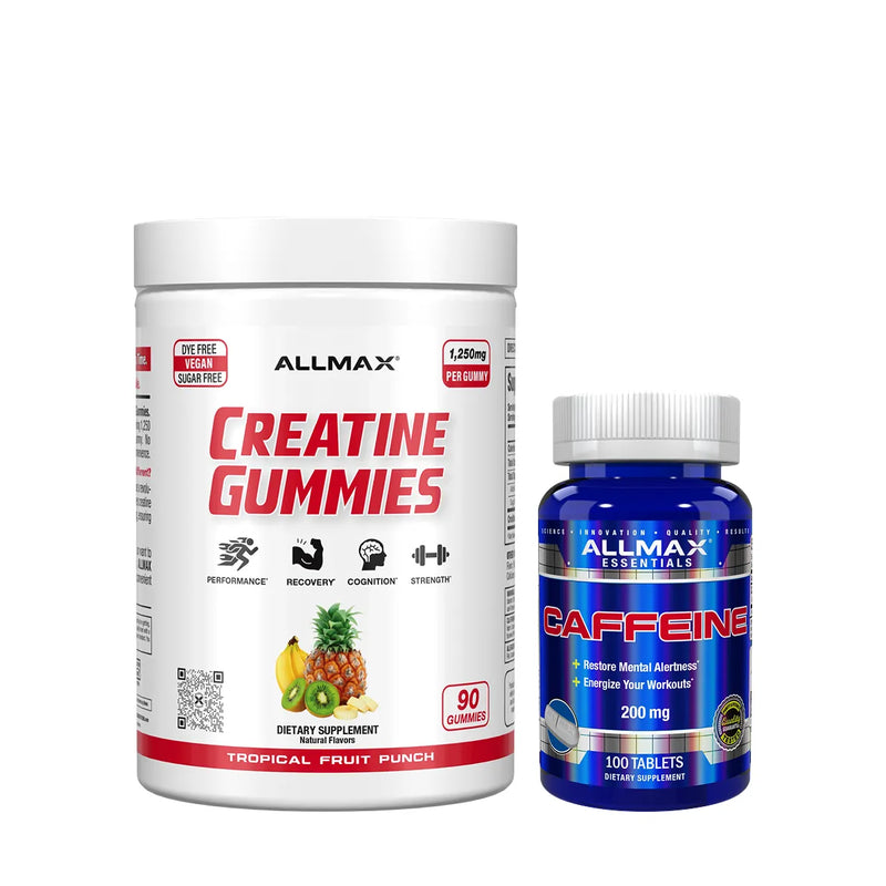 A white tub of ALLMAX Creatine Gummies next to a blue bottle of ALLMAX Essentials Caffeine, displayed on a clean white background.