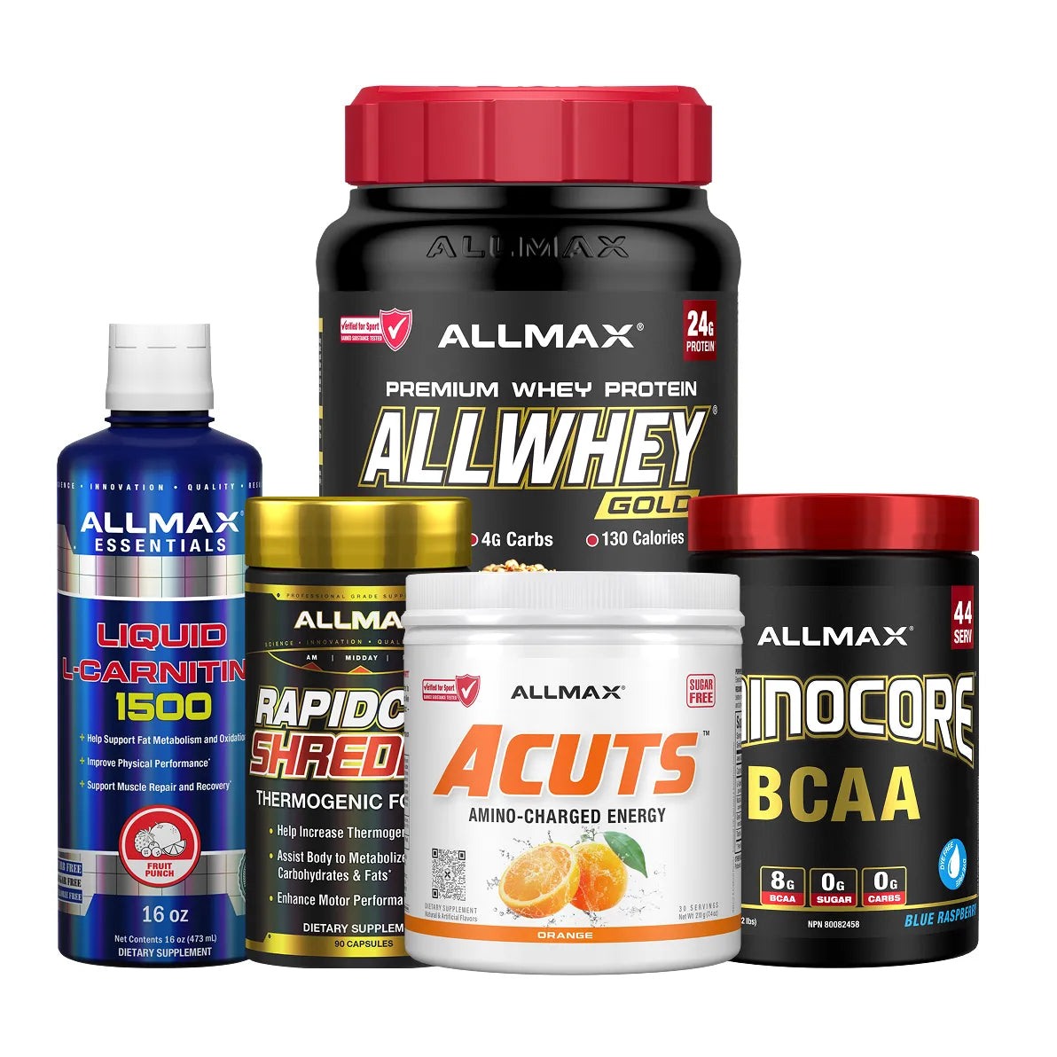 A group of five Allmax branded supplement containers arranged together on a plain white background, including a large black tub of Allwhey Gold protein powder, a blue bottle of Liquid Carnitine 1500, a gold jar of Rapidcuts Shredded, a white tub of Acuts Amino-Charged Energy, and a black canister of Aminocore.