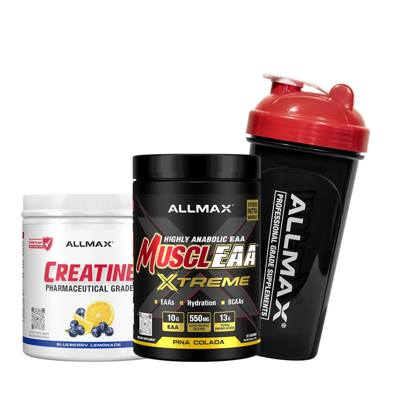 Two Allmax branded supplement products and a shaker bottle on a plain white background: a white tub labeled Creatine, a black tub labeled MuscleEAA Xtreme, and a black shaker bottle with a red lid.