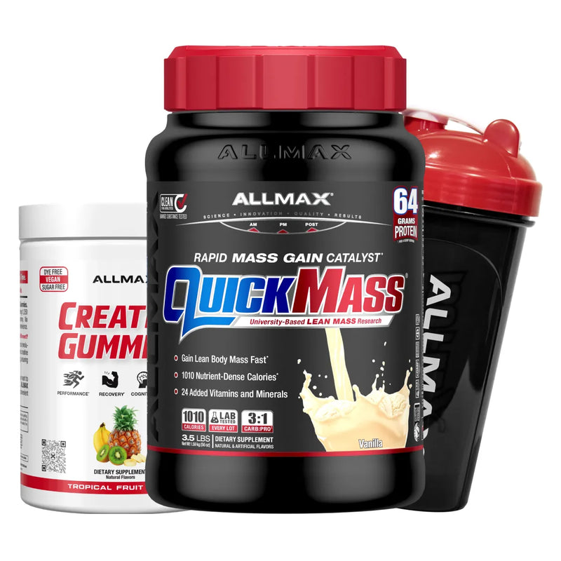 A white tub of ALLMAX Creatine Gummies next to a black tub of ALLMAX QuickMass and a shaker bottle, displayed on a clean white background.