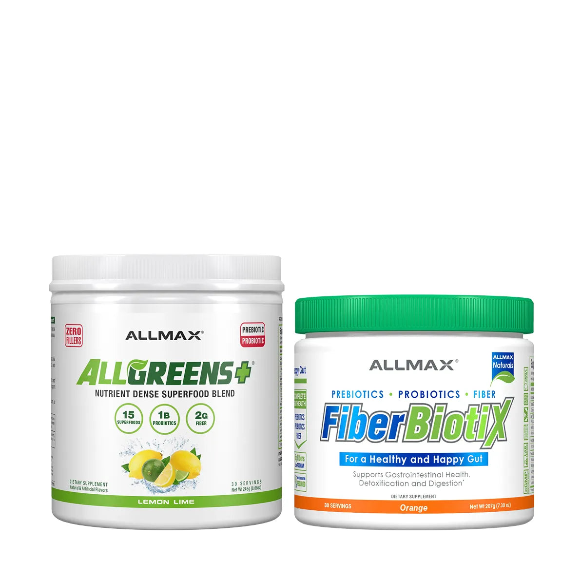 Two Allmax branded supplement products on a plain white background: a white tub labeled ALLGREENS, a white tub with green lid labeled FiberBiotix.
