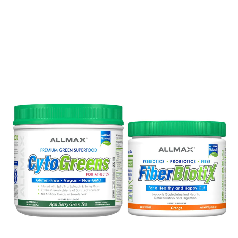 Two white plastic supplement jars with green lids from the brand ALLMAX, shown on a plain white background. The larger jar on the left is labeled 'CytoGreens' and the smaller jar on the right is labeled 'FiberBiotix'.