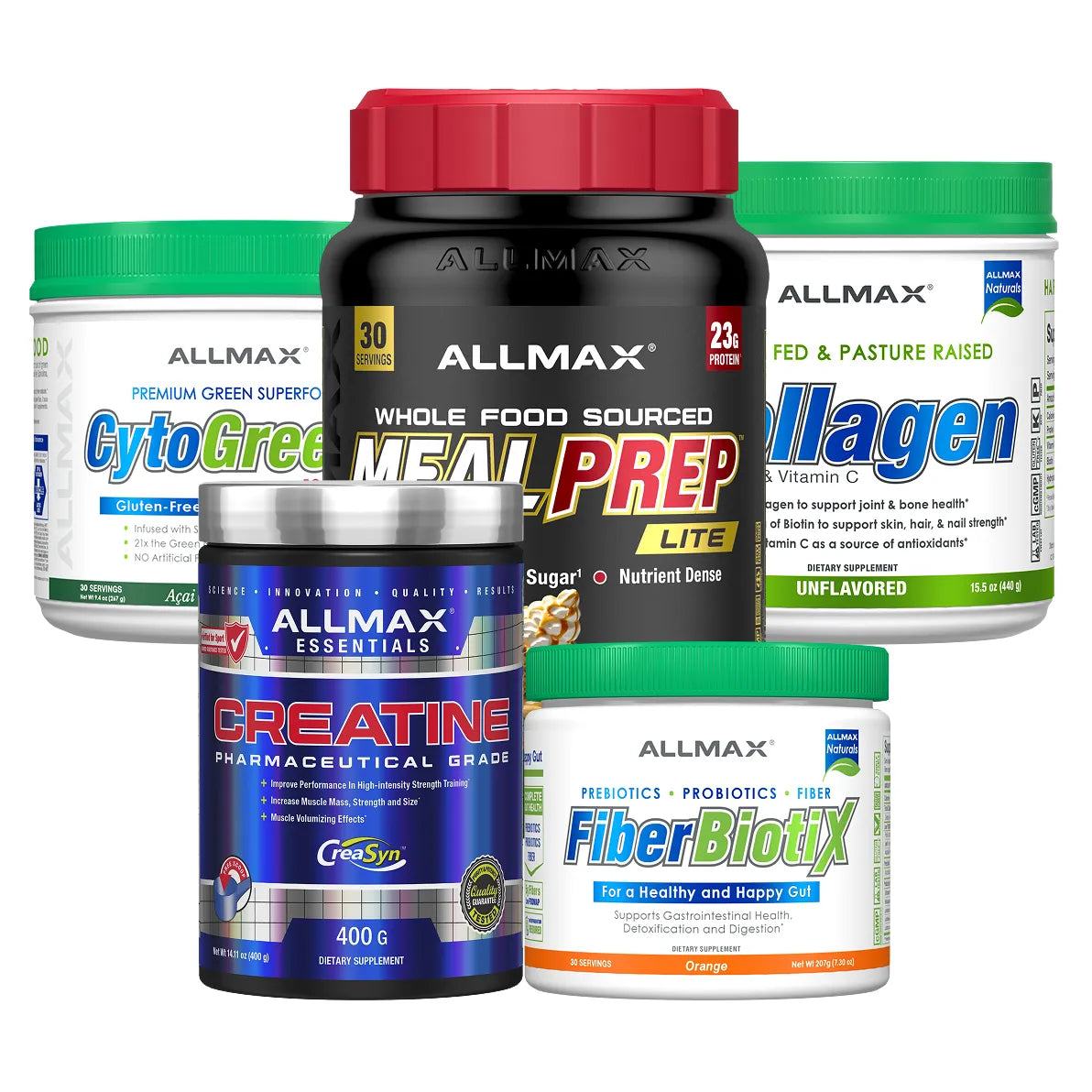 A group of six Allmax supplement products arranged together on a plain white background, including CytoGreen, Meal Prep Lite, Creatine, FiberBiotiX, and others.
