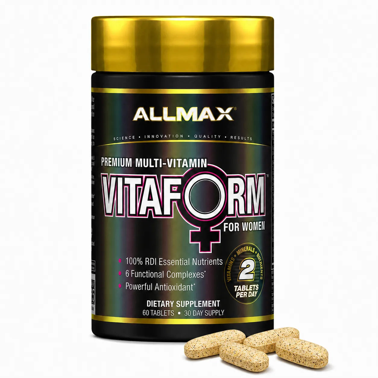 A bottle of Allmax Vitaform Premium Multi-Vitamin dietary supplement for women, shown with several beige tablets in front on a white background.