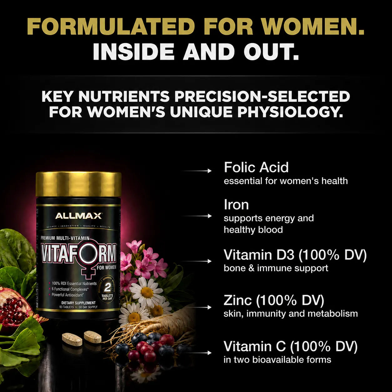 Allmax Vitaform women's multivitamin supplement bottle on a black background with promotional text highlighting key nutrients: folic acid, iron, vitamin D3, zinc, and vitamin C, alongside fruit and flower props.