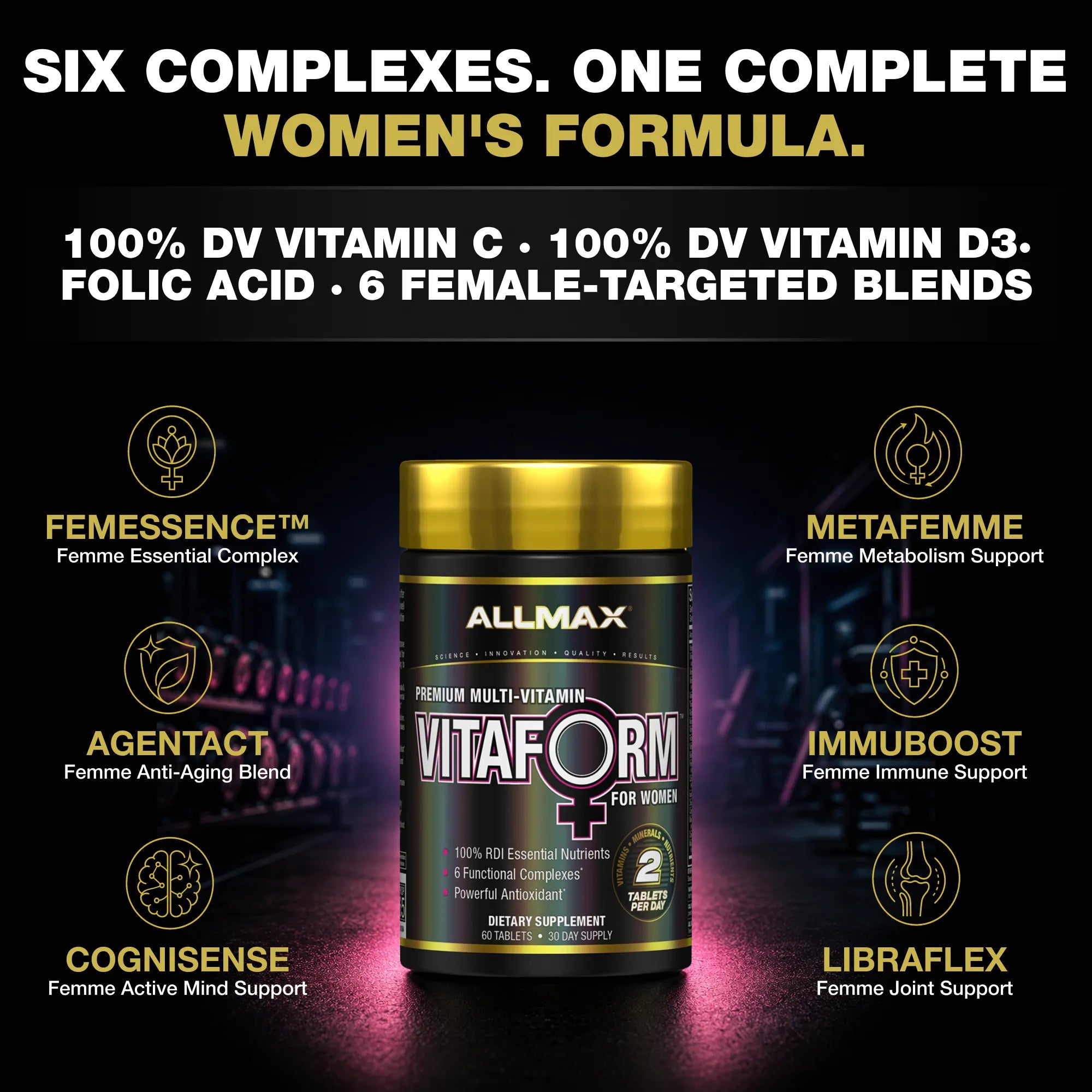 A bottle of ALLMAX VitaForm Women's Formula dietary supplement centered on a dark promotional background with text callouts for FEMESSENCE, METAFEMME, AGENTACT, IMMUBOOST, COGNISSENCE, and LIBRAFLEX.