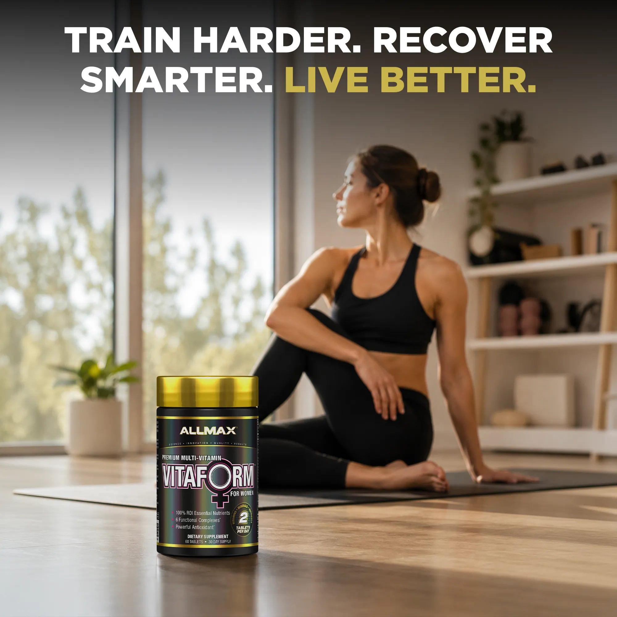 A woman in a black sports bra and leggings sits on a yoga mat in a bright home gym, with a bottle of ALLMAX VitaForm pre-workout supplement in the foreground. Large text at the top reads 'TRAIN HARDER.