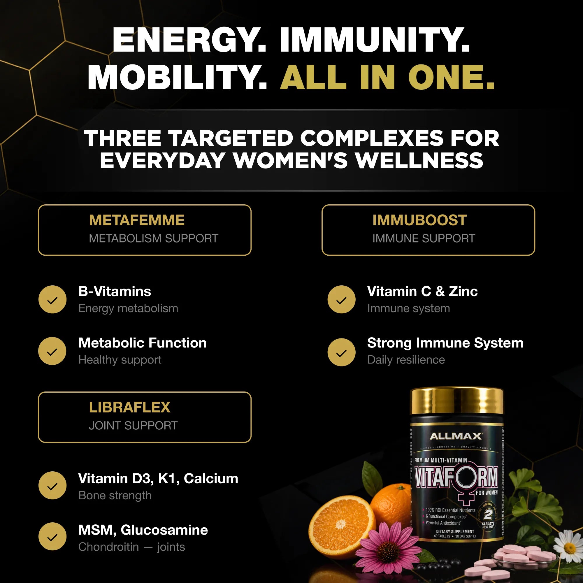 Promotional graphic for a women's wellness supplement bottle labeled ALLMAX Vitaform. The design has a black background with gold and white text, listing three targeted complexes: Metafemme, Immubooth, and Libraflex, with ingredient bullet points and a small floral/fruit arrangement next to the bottle.
