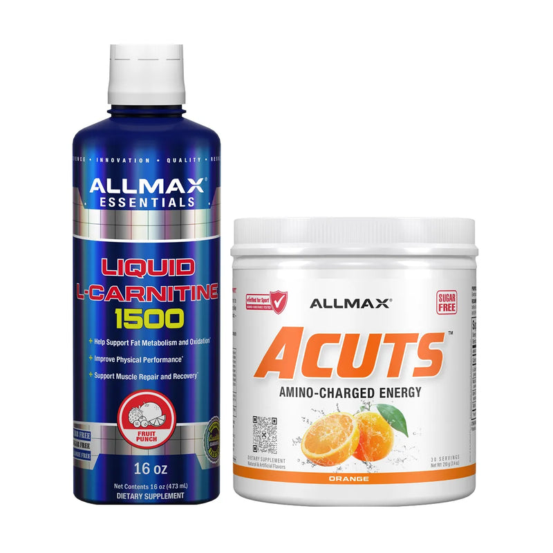 Allmax Essentials Liquid L-Carnitine 1500 bottle next to an Allmax Acuts Amino-Charged Energy Orange flavor container, displayed on a clean white background.